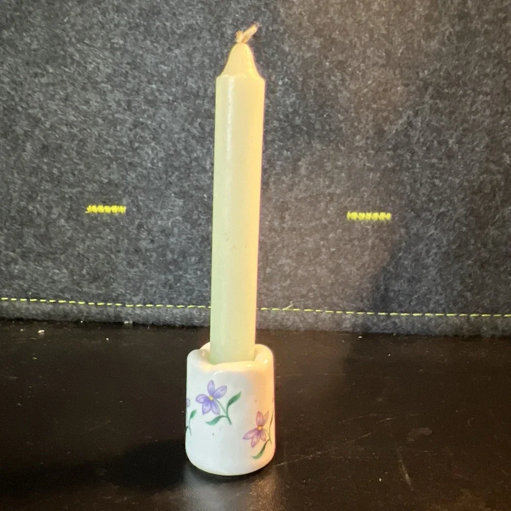 Russ Berrie Mini Candle Holder Porcelain Purple‎ Flowers With Candle Vtg